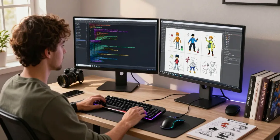 Gambar pengembang game menggunakan tisu4d dalam lingkungan kerja modern dengan skenario pengkodean yang dinamis.