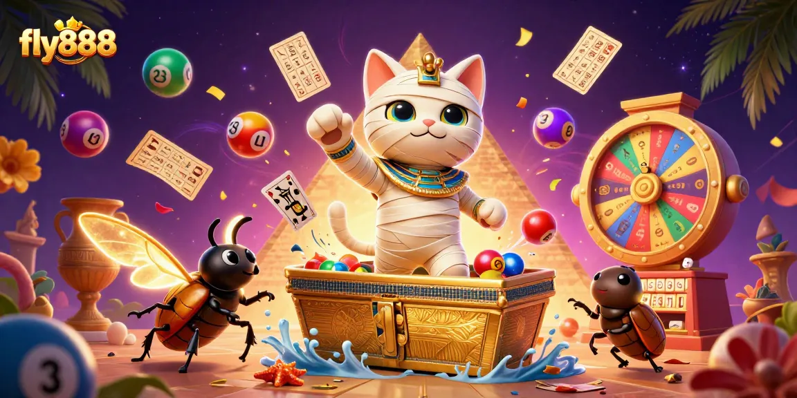 Join the adventure at fly888 with an Egyptian mummy cat in a vibrant casino scene!