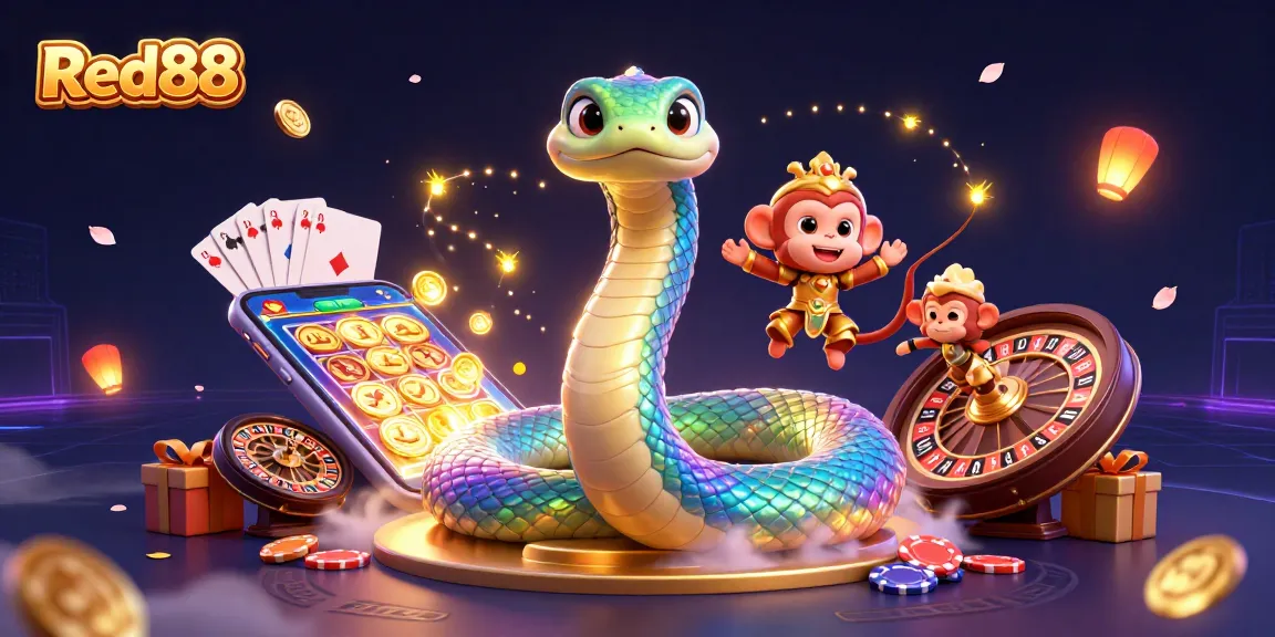 Experience the excitement of Red88 with a vibrant 3D casino illustration showcasing games and dynamic action.