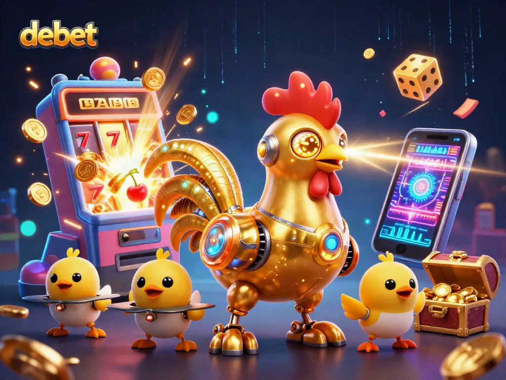 Engage in thrilling casino experiences with debet, showcasing a vibrant 3D scene of animated characters and slot action.