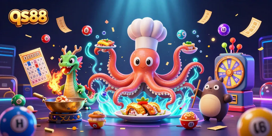 Engage with the qs88 thrilling lottery scene featuring a sushi chef octopus, dragon, and tanuki amidst dynamic game elements.