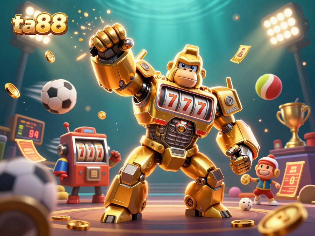 Experience excitement with ta88's golden mech in a dynamic 3D casino-themed scene.