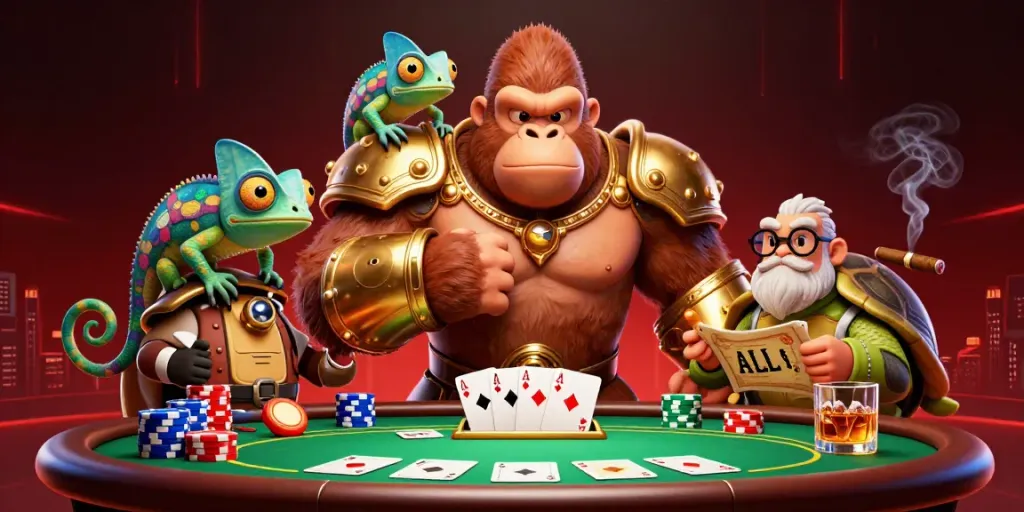 Engage with the vibrant scene of tải sunwin, featuring a gorilla king, chameleon spy, and tortoise elder amidst colorful poker elements.