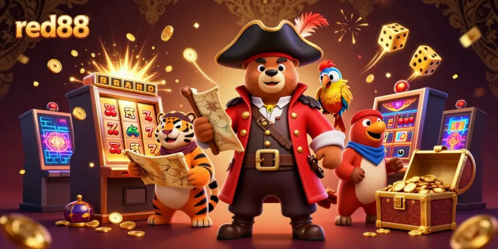 Engage with red88's thrilling casino experience, featuring vibrant slots and animated characters.
