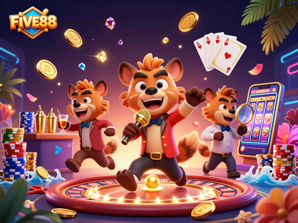 Experience the excitement at FIVE88 with a vibrant casino scene featuring hyena characters.