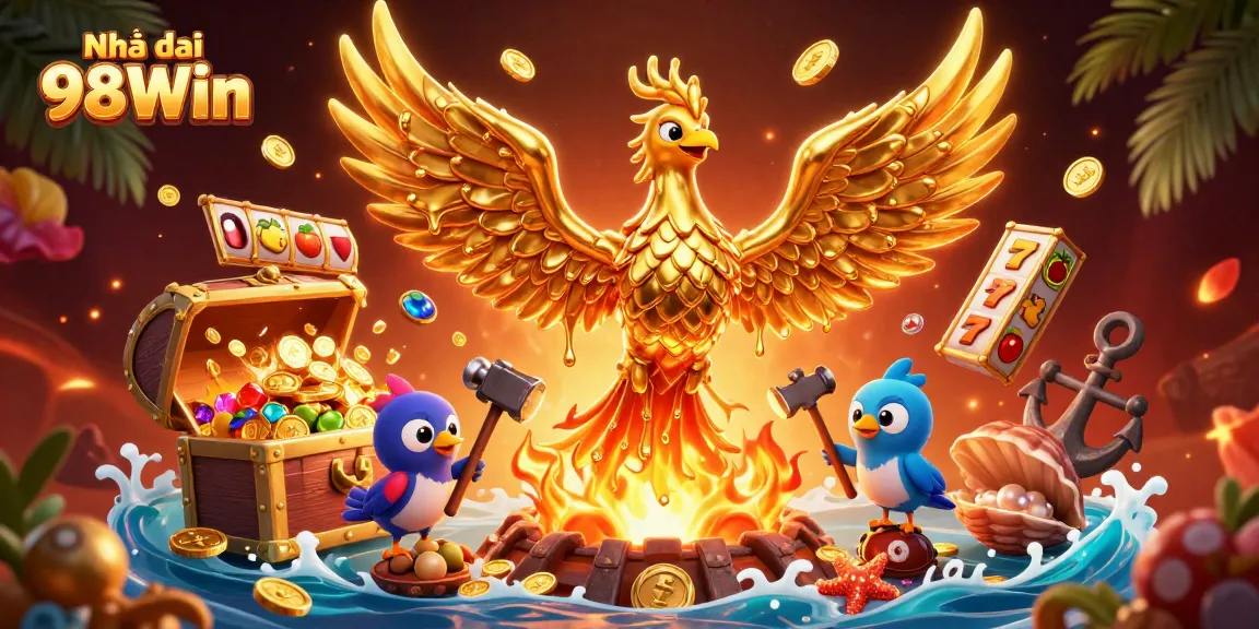Experience the excitement of Nhà cái 98Win with a vivid illustration of a molten golden phoenix and vibrant gaming elements.