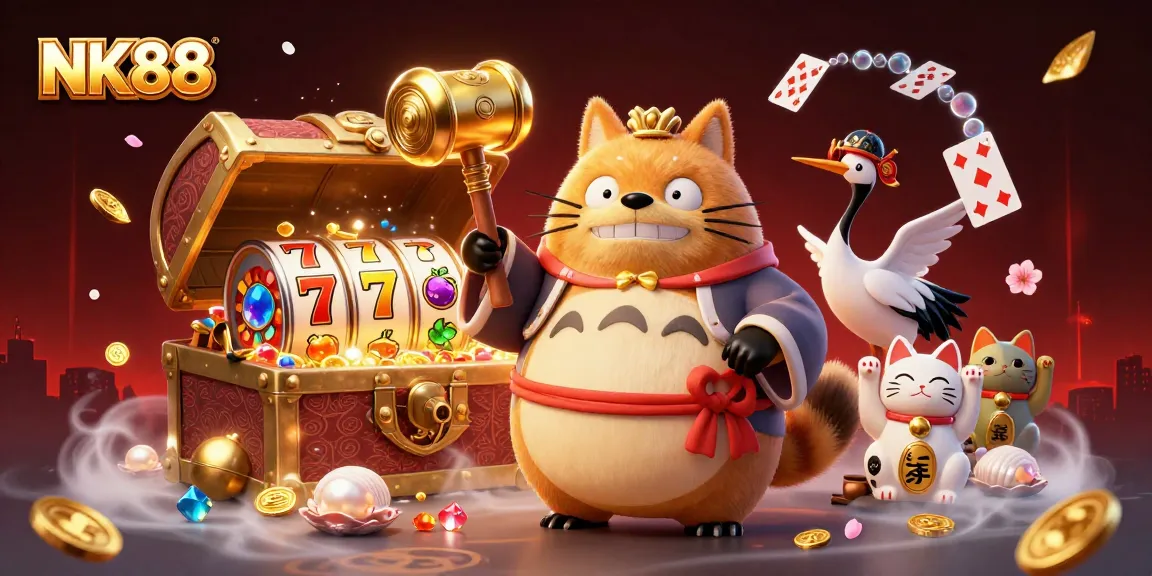 NK88 offers a vibrant casino atmosphere with a cheerful tanuki and festival elements, enhancing player excitement.