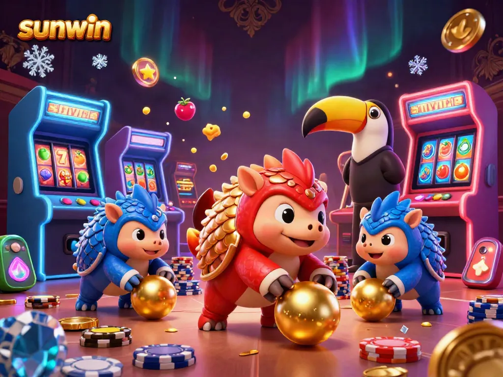Spin to win with sunwin's lively pangolins battling over golden chips in a vibrant casino!