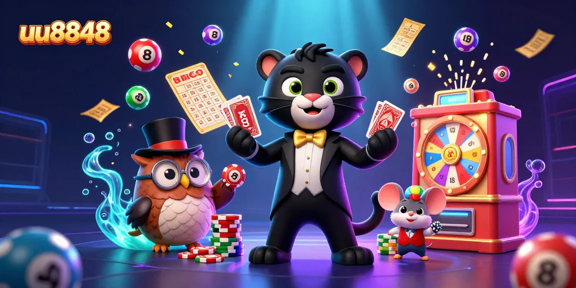 Engage with uu8848's vibrant casino scene featuring an elegant panther and charming owl amidst dynamic lottery elements.