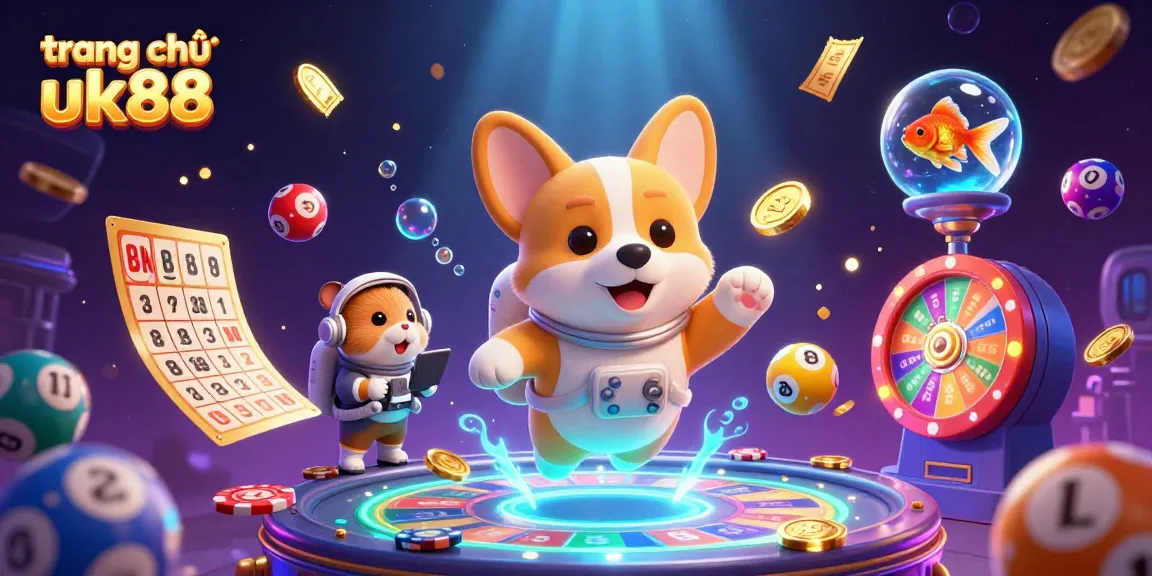 Join the fun at trang chủ uk88 with a vibrant casino illustration of a floating astronaut corgi surrounded by lottery balls.