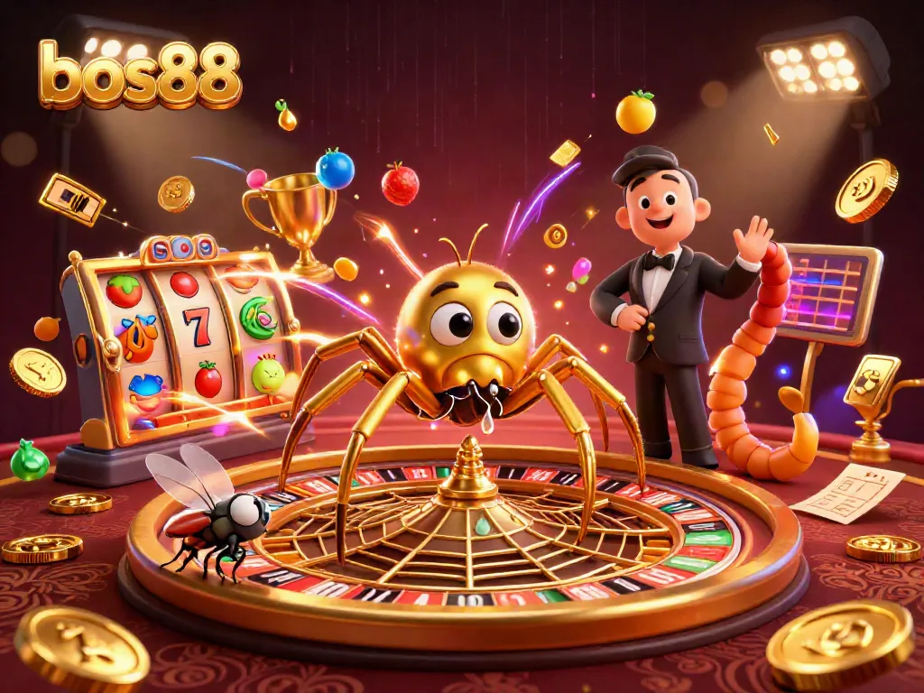 Experience the excitement of bos88 with a dynamic roulette scene featuring vibrant symbols and a golden spider croupier.