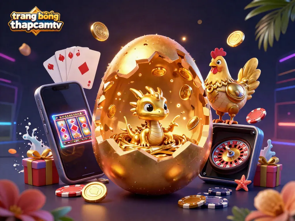 Engage with the thrilling action on trang bóng thapcamtv as a golden dragon emerges from an egg amidst vibrant gaming elements.