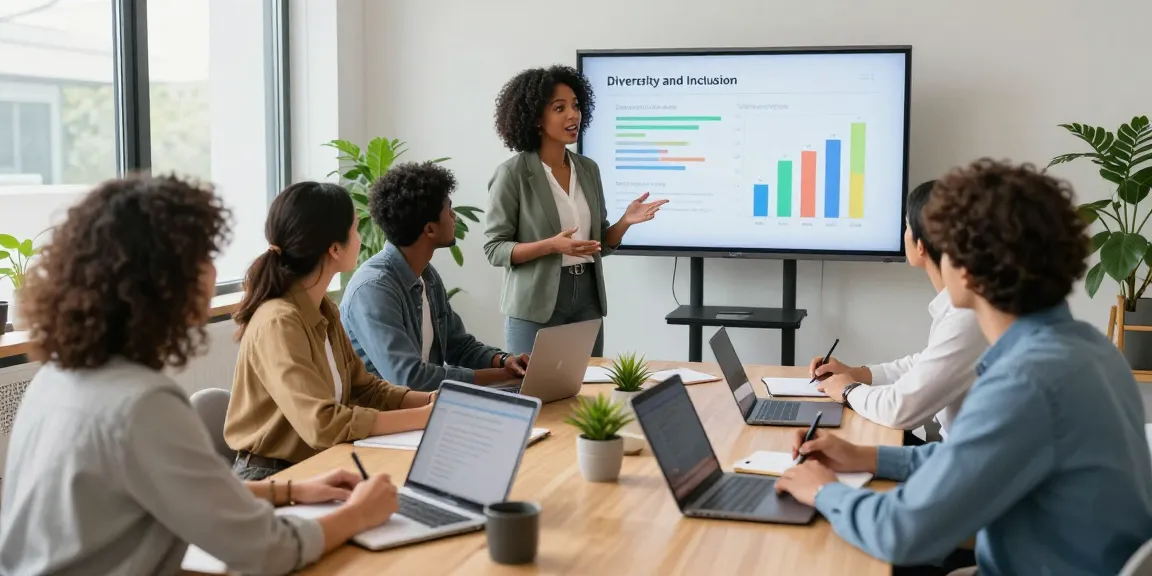 Diverse professionals in een moderne kantooromgeving bespreken diversiteit en inclusie.