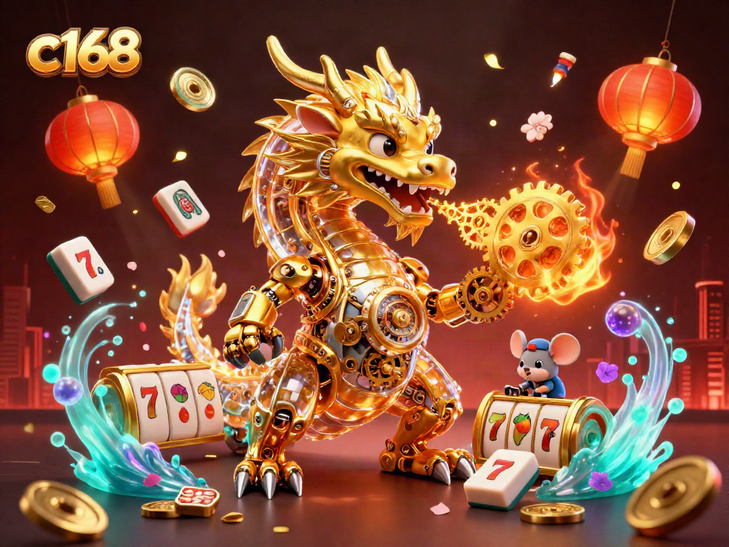 Experience thrilling gameplay with c168's vibrant casino scene featuring a golden dragon amidst dynamic slot reels.