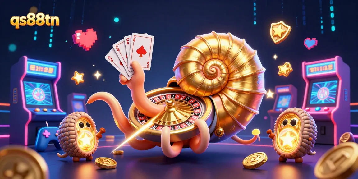 Experience thrilling casino action with qs88tn, featuring a vibrant 3D nautilus and glowing arcade elements.