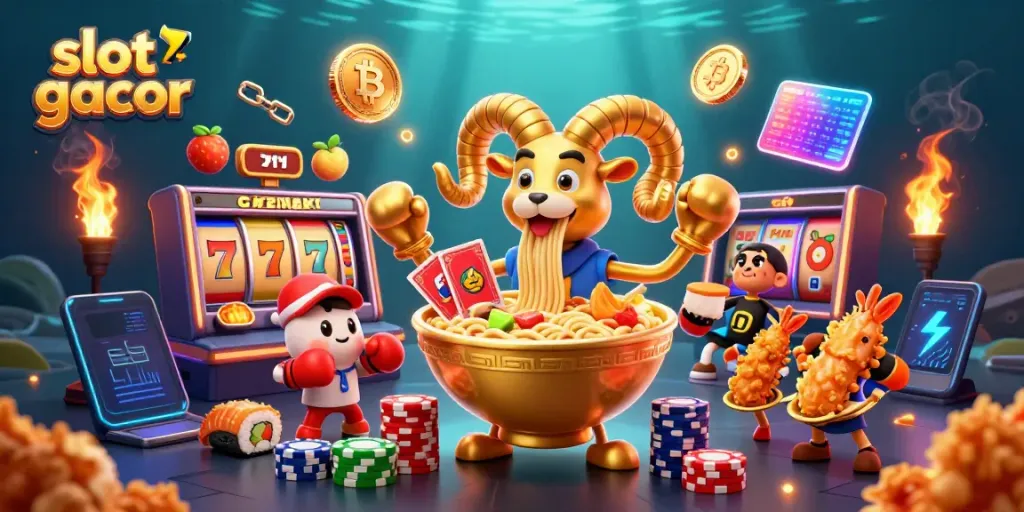 Experience the excitement of slot gacor with a dynamic 3D illustration of a giant ramen bowl dealer surrounded by vibrant slot game elements.