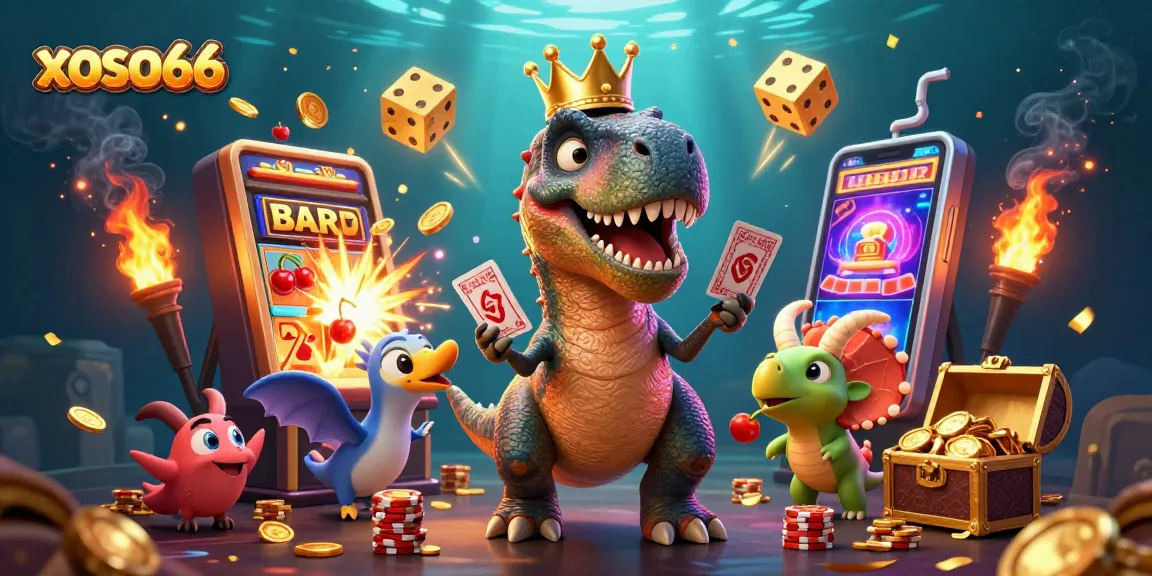 Experience the excitement of xoso66 with a lively 3D scene featuring colorful characters and casino elements.