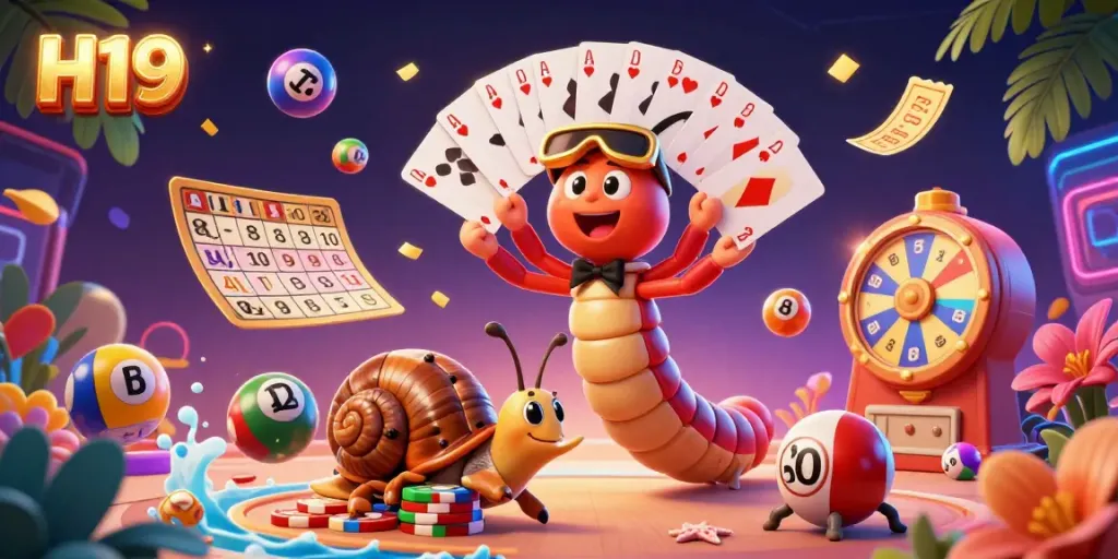 Experience the exhilarating world of H19 with an animated dealer game scene full of colorful lottery elements.