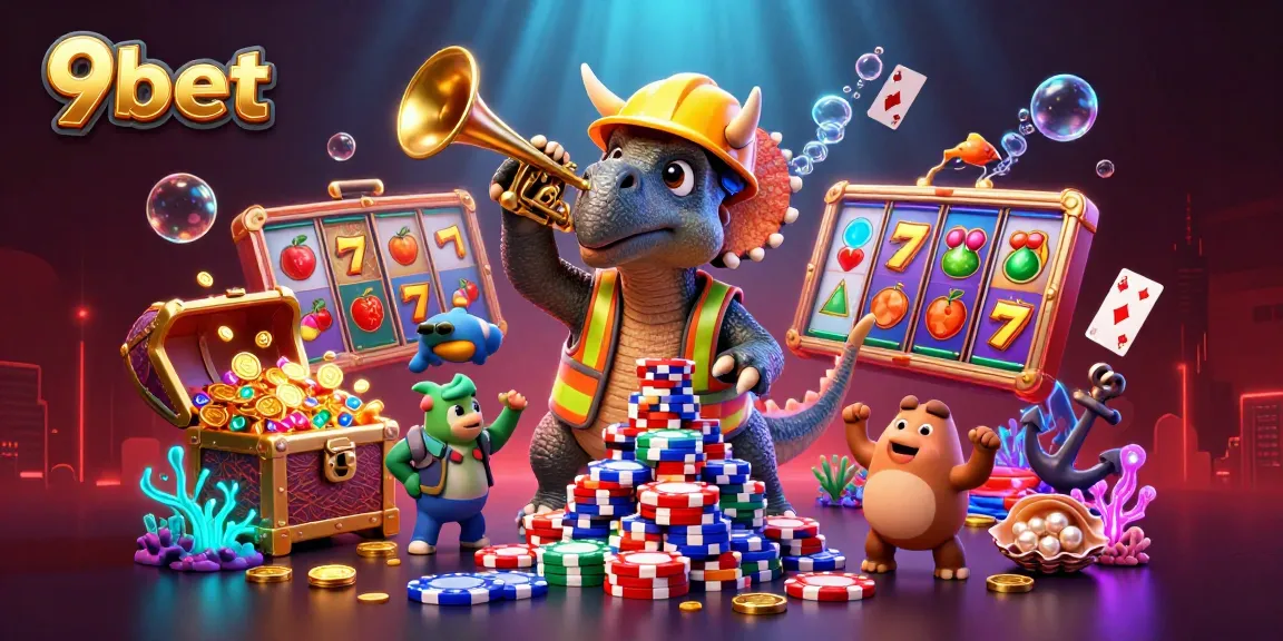 Celebrate with 9bet as a triceratops builds a poker chip pyramid among lively casino elements.