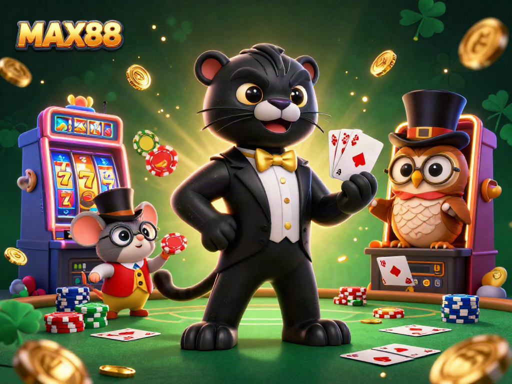 Engage in thrilling casino action with MAX88 at a colorful illustration featuring a stylish panther dealer.