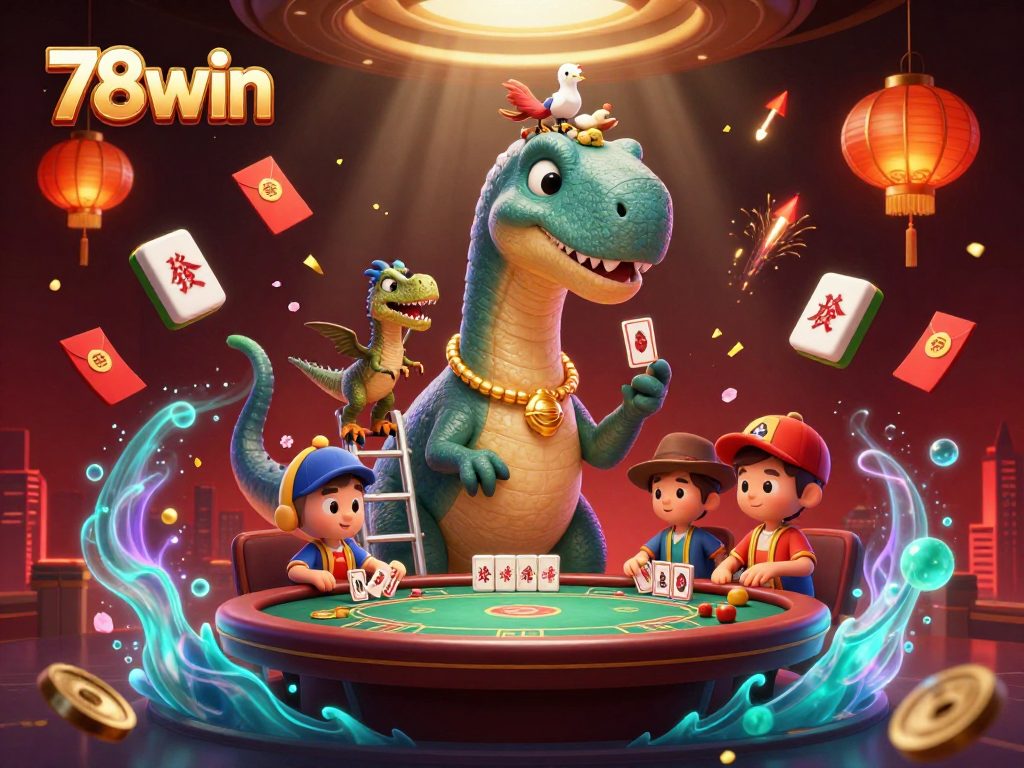 Engage with 78win's vibrant casino gaming scene featuring a cartoon brontosaurus and raptor in action.