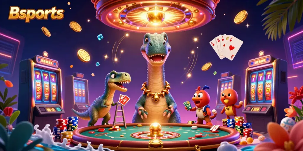 Engage in thrilling gameplay with Bsports at a vibrant casino-themed illustration.