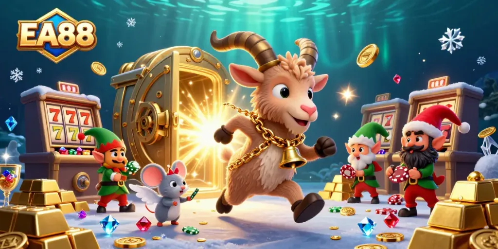 Engage with EA88 as Krampus and festive characters create a lively casino atmosphere.