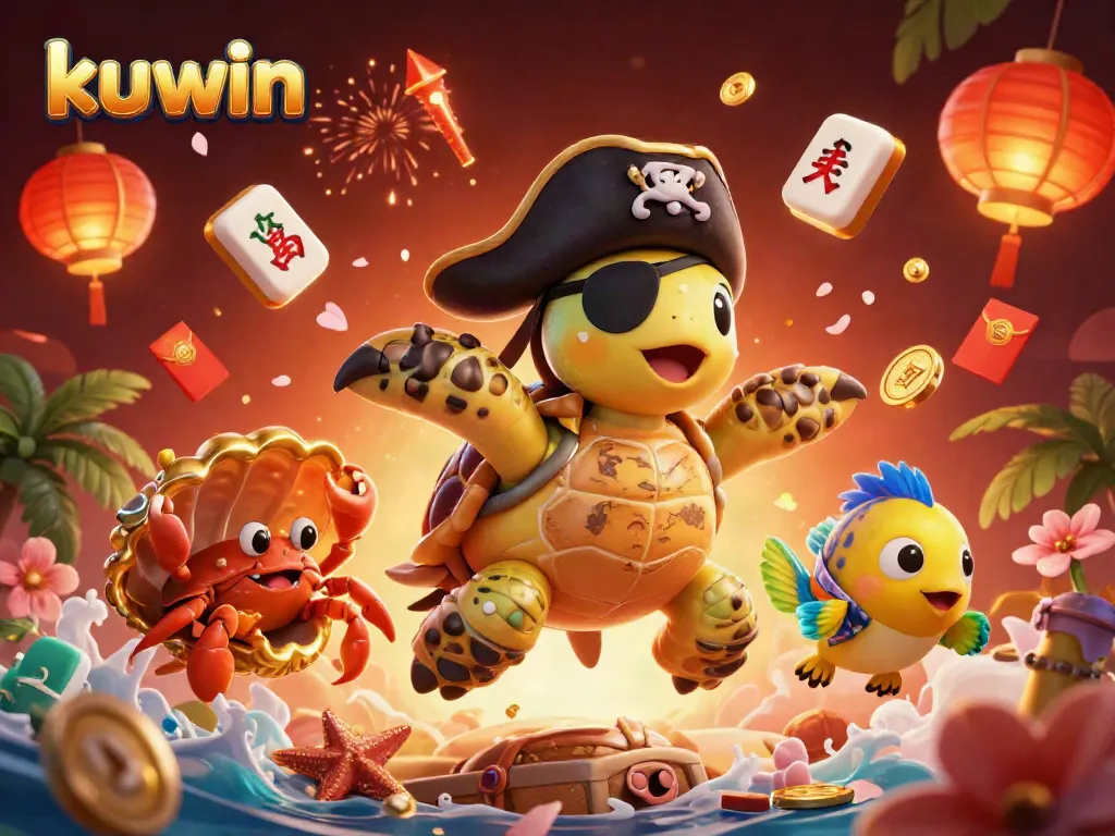 Experience the thrill of kuwin with a dazzling 3D illustration depicting a pirate turtle and treasure.