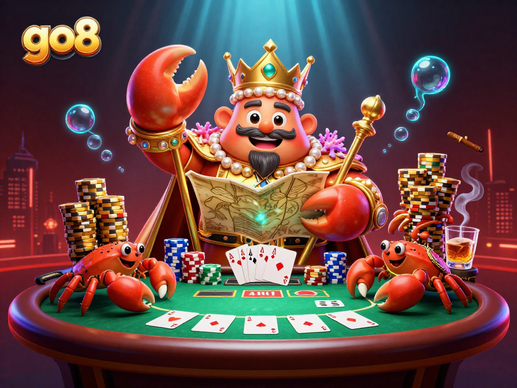 Experience the excitement of go8 with a vibrant 3D illustration featuring a golden crab emperor in a dynamic poker setting.