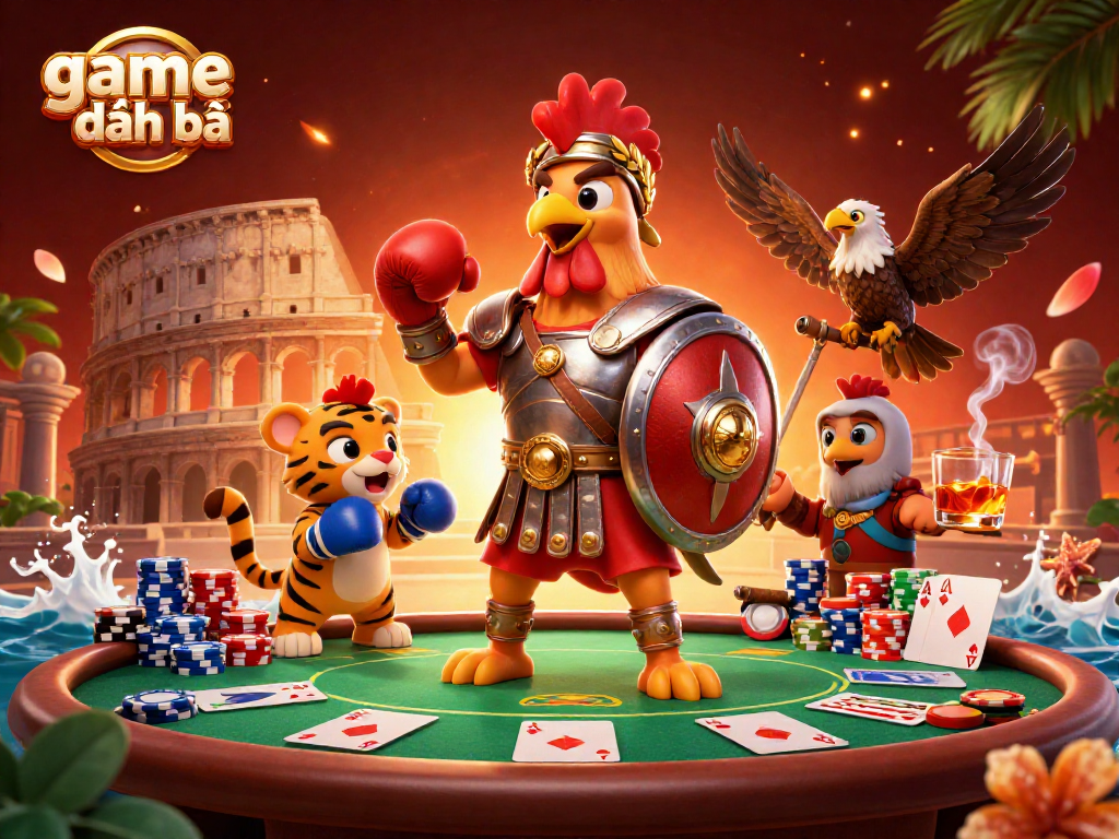Experience game đánh bài excitement with a 3D cartoon rooster and poker elements in a vibrant arena.