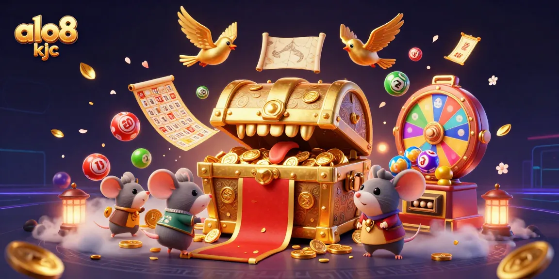 Engaging scene featuring aloha kjc with vibrant lottery elements and a golden treasure chest enticing players.