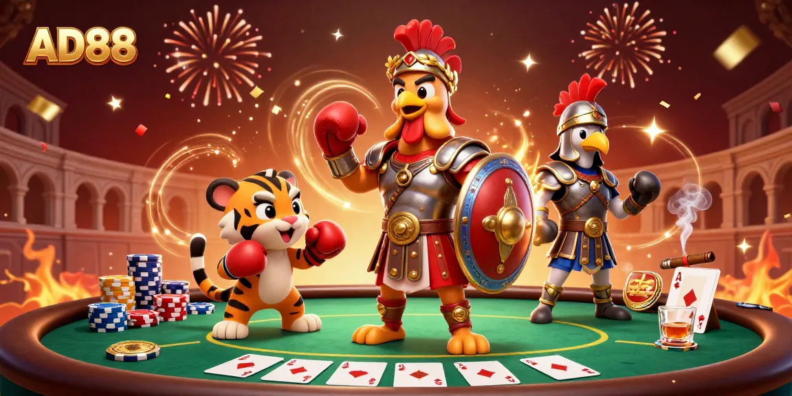 Engage in thrilling gameplay at AD88 with a vibrant scene featuring casino elements and animated characters.