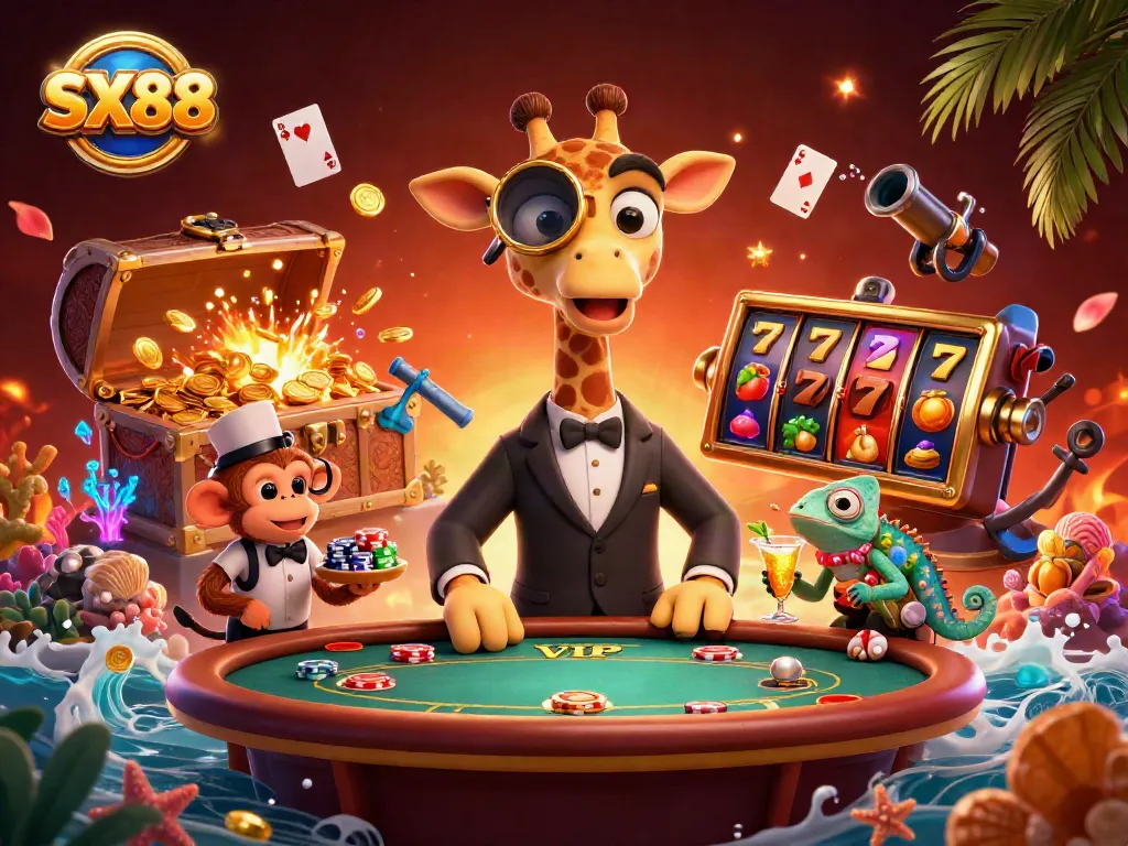 SX88 high-roller scene showcasing poker fun with contrasted vibrant colors and unique casino elements.