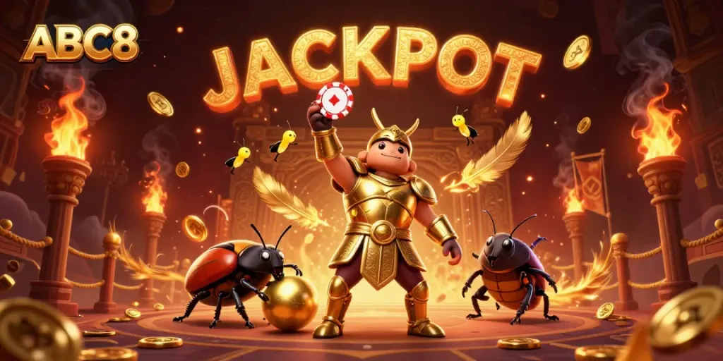 ABC8 advertises a triumphant beetle character in a thrilling casino atmosphere, symbolizing jackpot wins.