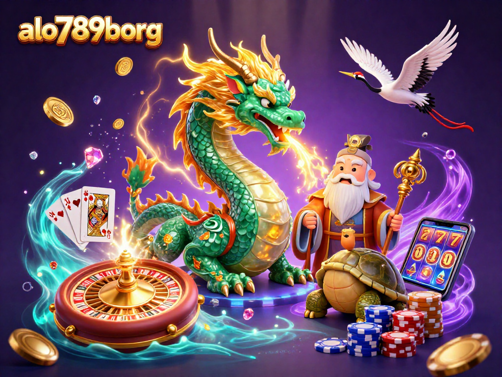 Engage with the magical world of alo789borg as lucky cranes soar and treasures abound in this captivating digital illustration.
