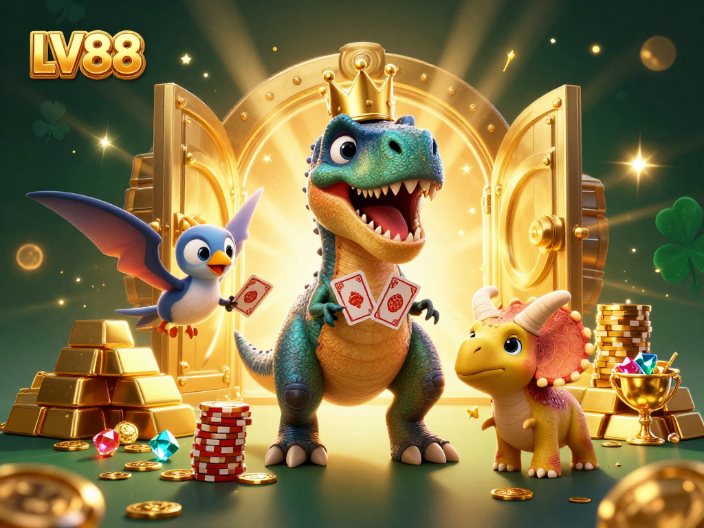 Experience LV88 online gaming excitement with a friendly dinosaur card game scene