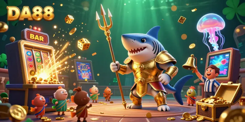 Engage with DA88's vibrant underwater casino scene featuring a golden shark and slot machine jackpots.