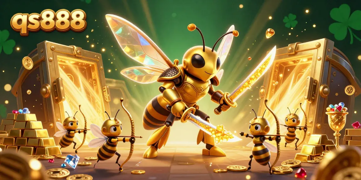 Experience the excitement of qs888 with a dynamic illustration of a hornet warrior collecting treasures in an online casino.