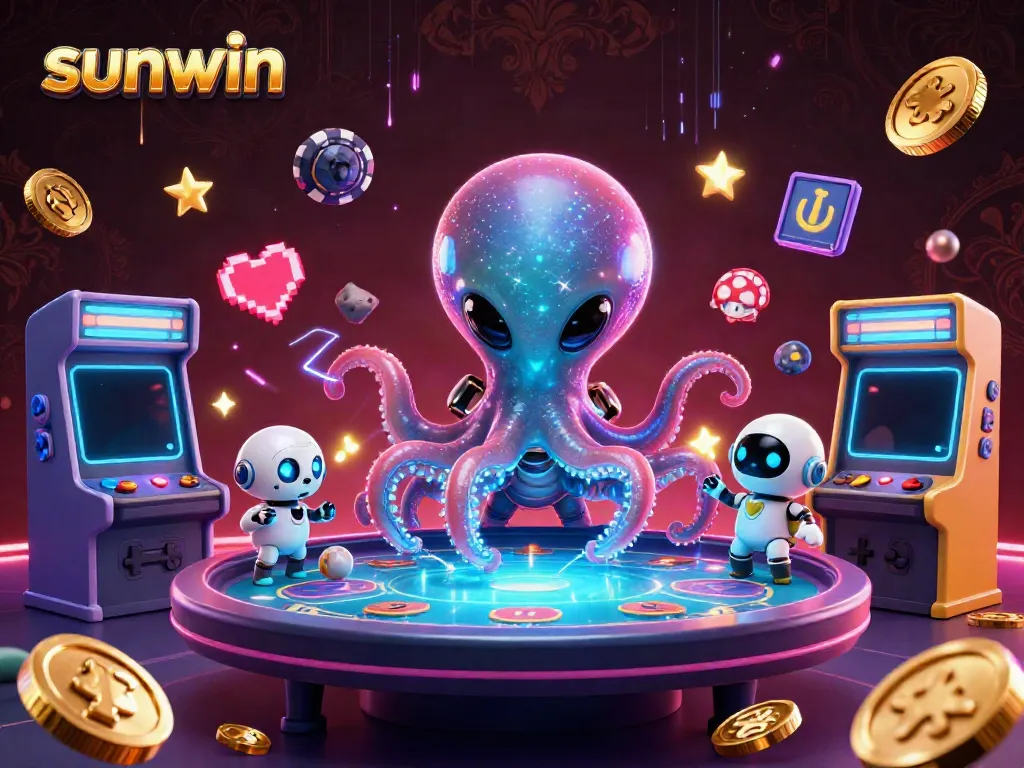 Engage in exciting gameplay with sunwin as a cartoon alien octopus runs a holographic poker table.