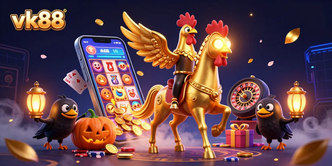 Engage in casino action with vk88’s vibrant illustration of a golden rooster in a midnight casino.
