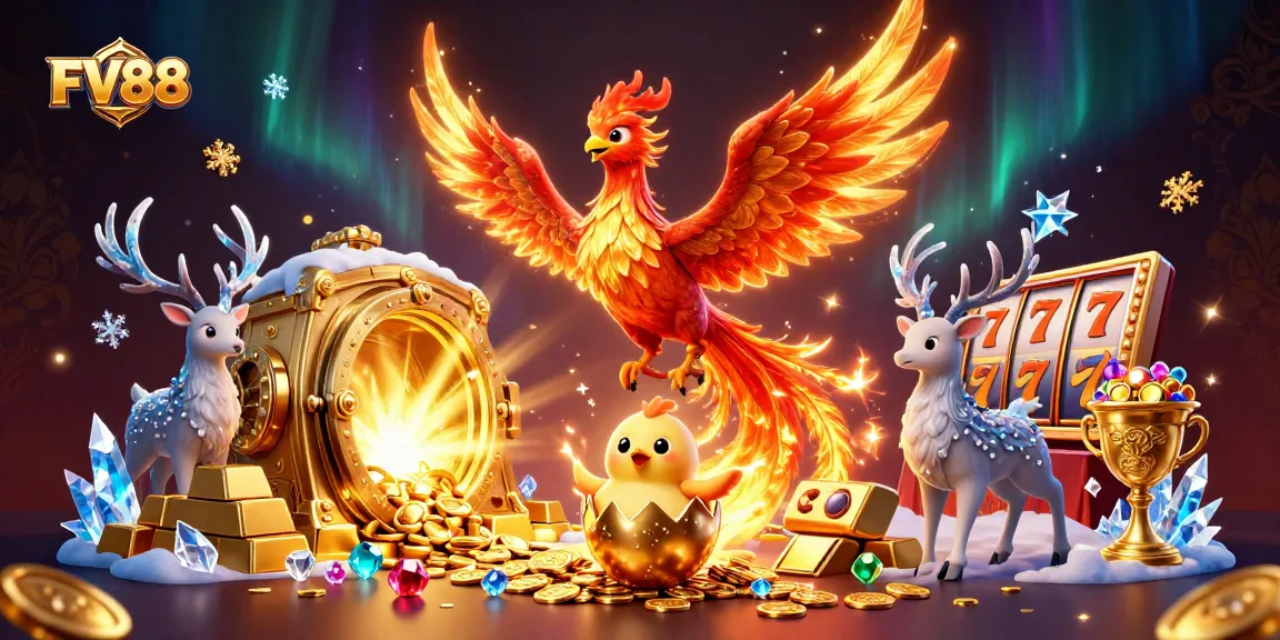 Experience FV88's exhilarating slots with vibrant phoenix characters amidst treasure and jackpots.