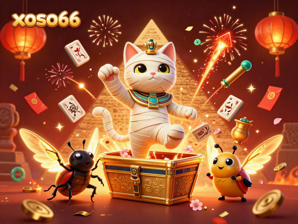 xoso66 offers thrilling experiences in a vibrant casino scene with an Egyptian mummy cat and treasures.