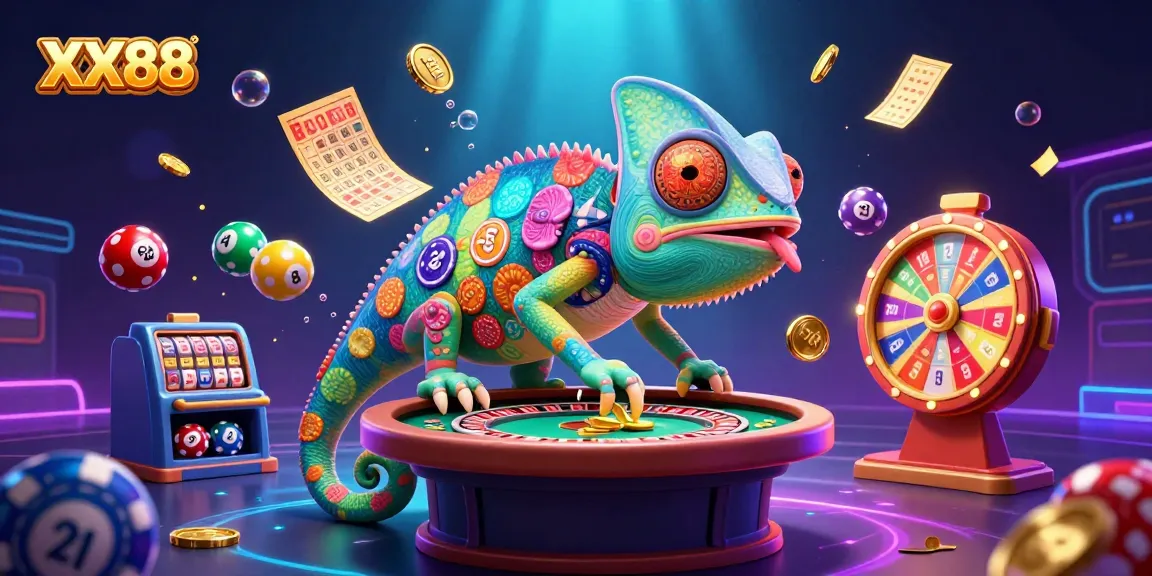 Engage in dynamic gameplay with XX88's vibrant 3D casino illustration featuring exciting gambling elements and a chameleon character.