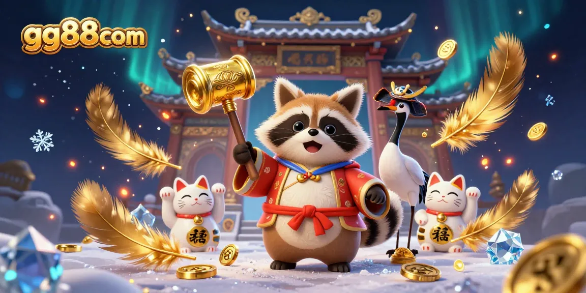 Experience the excitement of gg88com with this vibrant casino scene featuring a joyful tanuki, lucky elements, and rich details.
