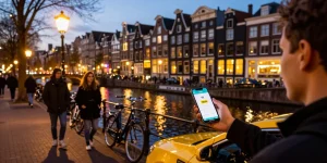 Taxi Amsterdam booking scene with vibrant city lights and iconic canals.