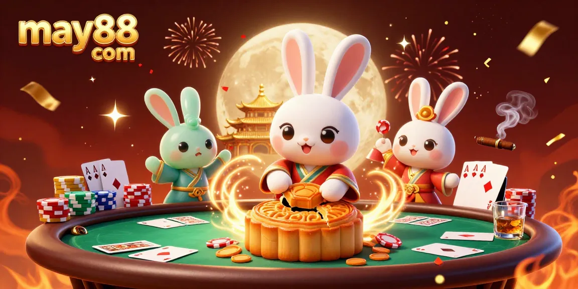 Engage with may88 com's vibrant casino scene featuring a moon rabbit and poker chips.