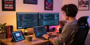进行telegram中文版下载的开发者在现代工作空间中专注编码，显示屏上代码色彩鲜明，激励气氛浓厚。