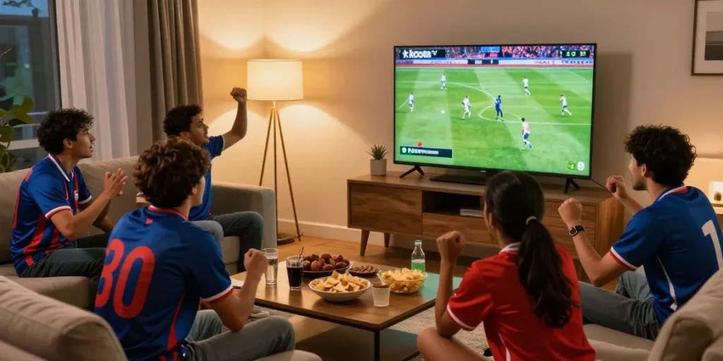 أصدقاء يحتفلون بمشاهدة المباراة مباشرة عبر koora tv في غرفة معيشة دافئة.