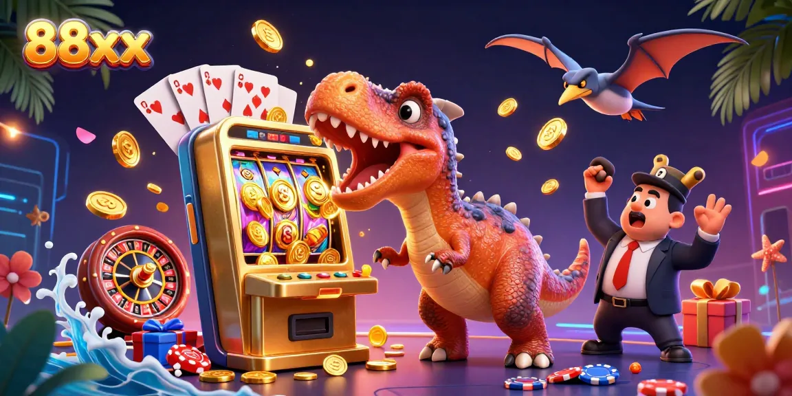 Exciting 88xx jackpot scene with a cartoon dinosaur winning coins from a slot machine, surrounded by vibrant casino elements.