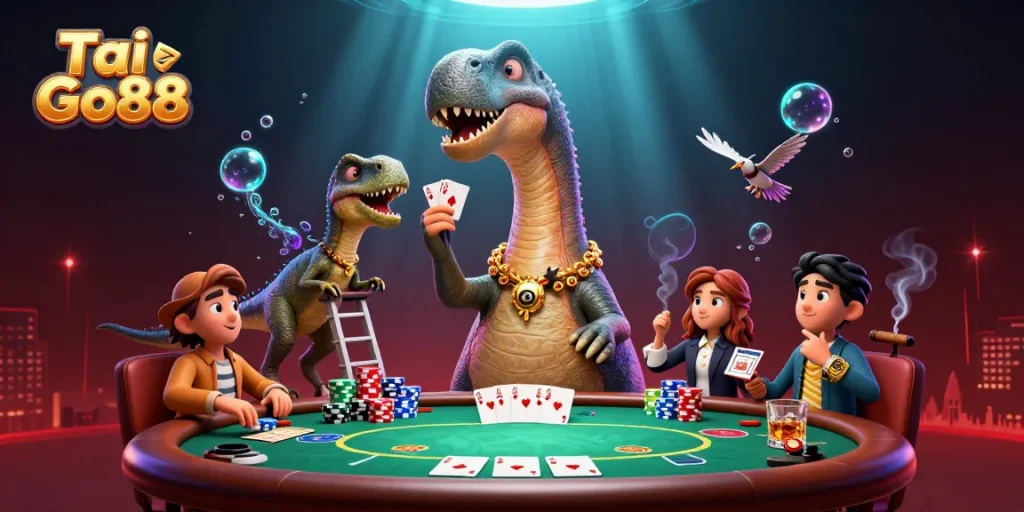 Engage with Tai Go88 as a giant brontosaurus overlooks an electrifying poker scene.